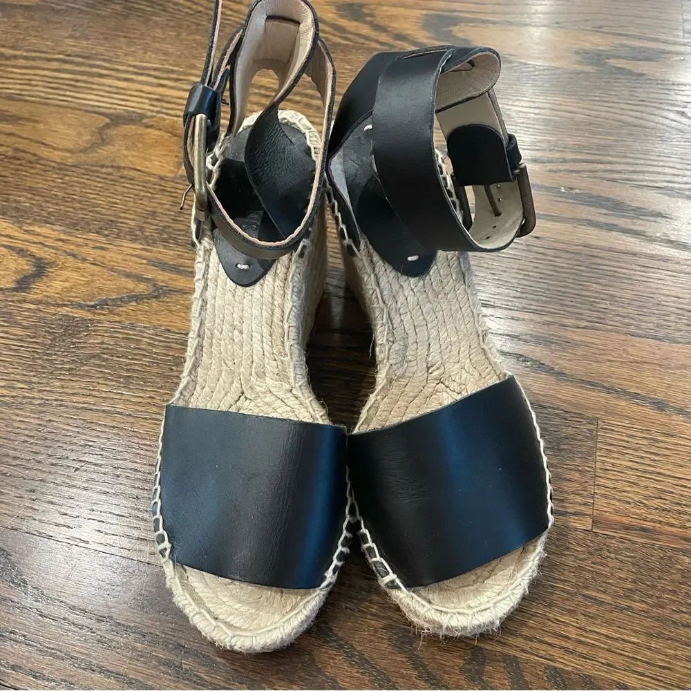 SOLUDOS Black Leather Espadrille Wedge Sandals